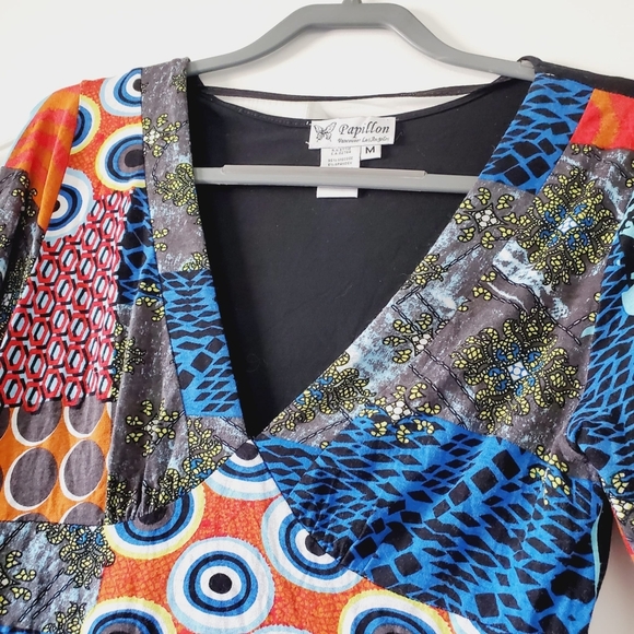 Papillon Artsy Patchwork Y2K V-Neck Stretch Jersey Boho Colorful Dress M - Picture 4 of 6